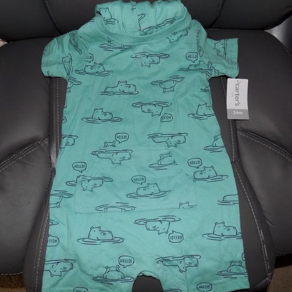 Carter’s Green Hippo Print Hooded Romper Size 24 - Picture 1 of 5